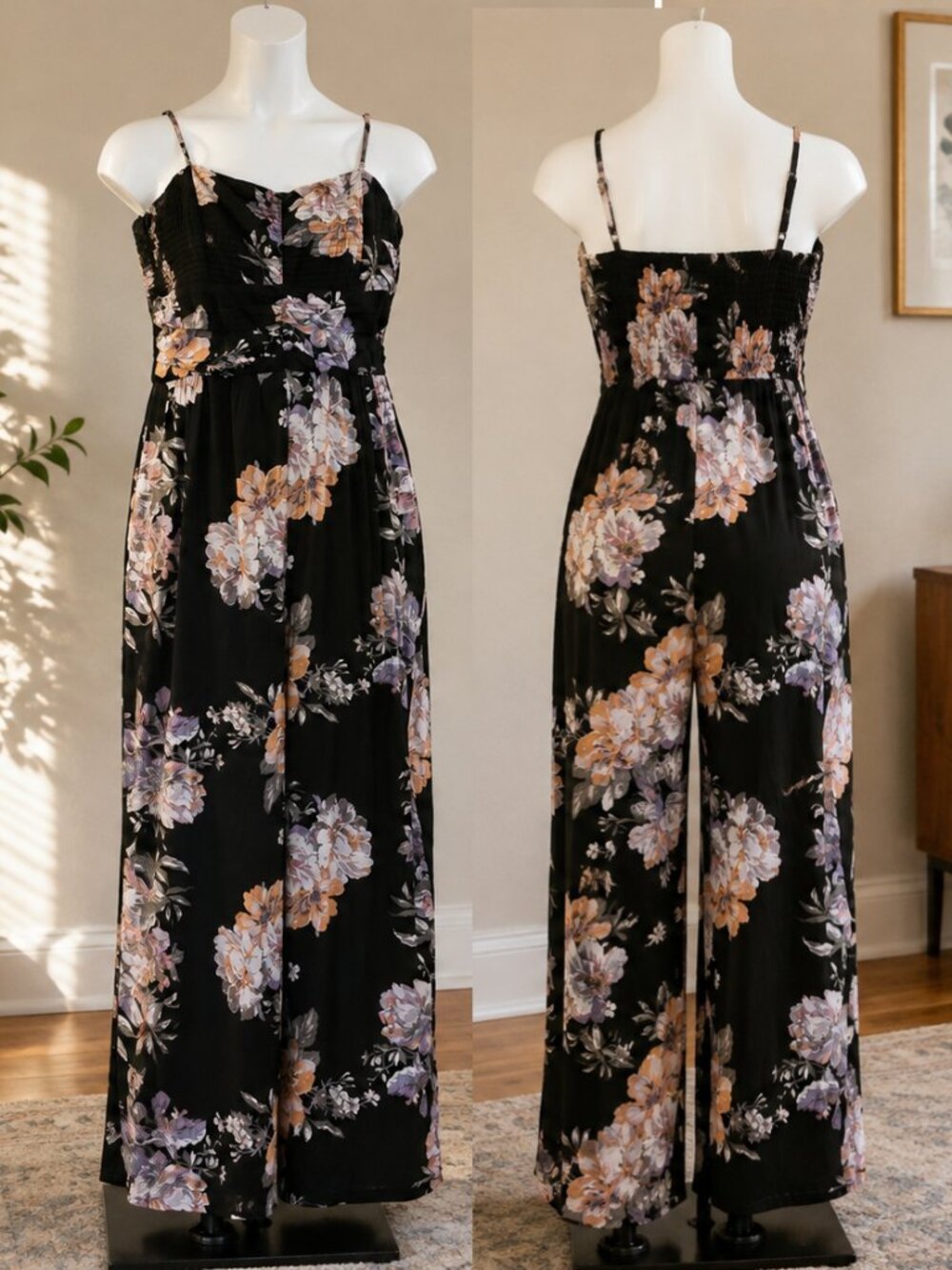 Maurices XL Black Floral Smocked Wide Leg Jumpsuit NWT Pockets Adjustable Straps